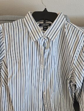 Lands' End White Dress Shirt with Blue Pinstripes